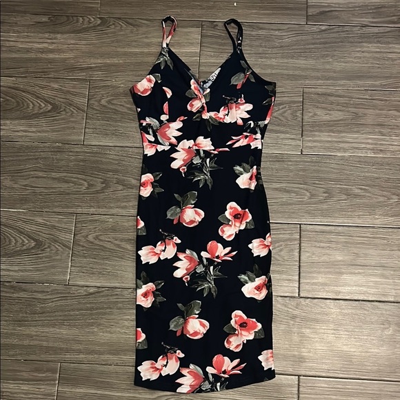 J for Justify Black and Pink Floral Bodycon Midi Dress size S - Picture 2 of 8
